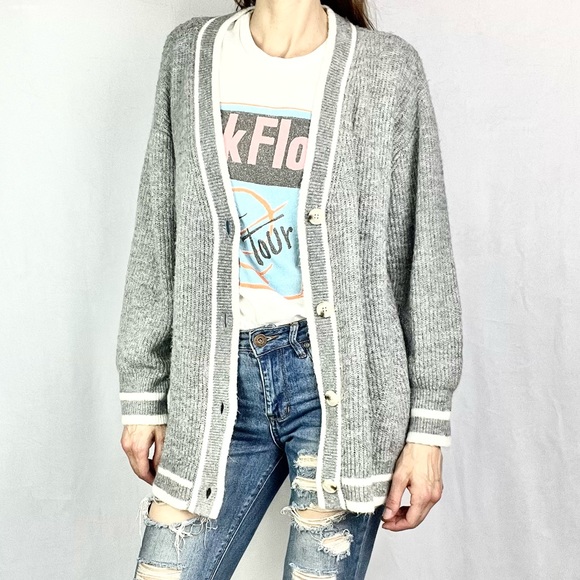 A NEW DAY | Heather Gray White Striped Oversized V-Neck Cardigan Sweater - Picture 11 of 11